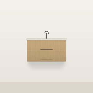 Illustration of the Linden 36" Floating Bathroom Vanity — Solid White Oak, Quartz Top