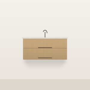 Illustration of the Linden 42" Floating Bathroom Vanity — Solid White Oak, Quartz Top