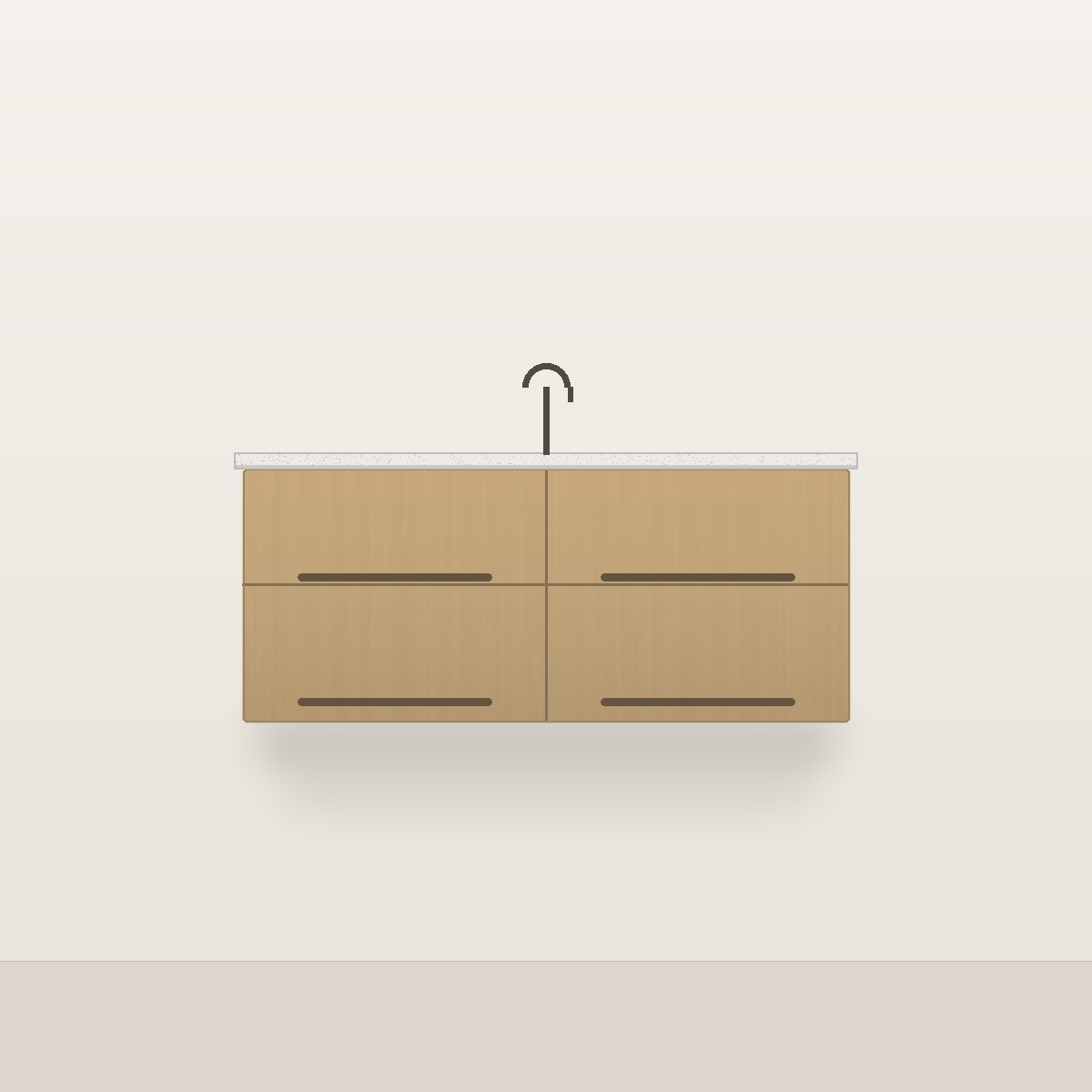 Illustration of the Linden 48" Floating Bathroom Vanity — Solid White Oak, Quartz Top