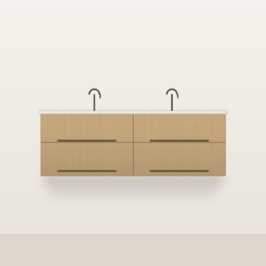 Illustration of the Linden 60" Floating Bathroom Vanity — Solid White Oak, Double Sink, Quartz Top