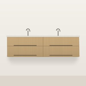 Illustration of the Linden 72" Floating Bathroom Vanity — Solid White Oak, Double Sink, Quartz Top