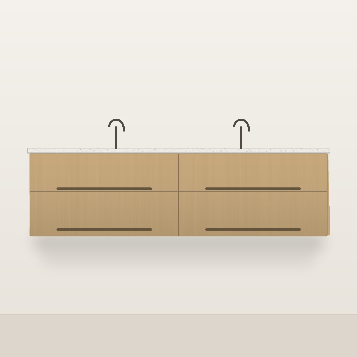 Illustration of the Linden 72" Floating Bathroom Vanity — Solid White Oak, Double Sink, Quartz Top