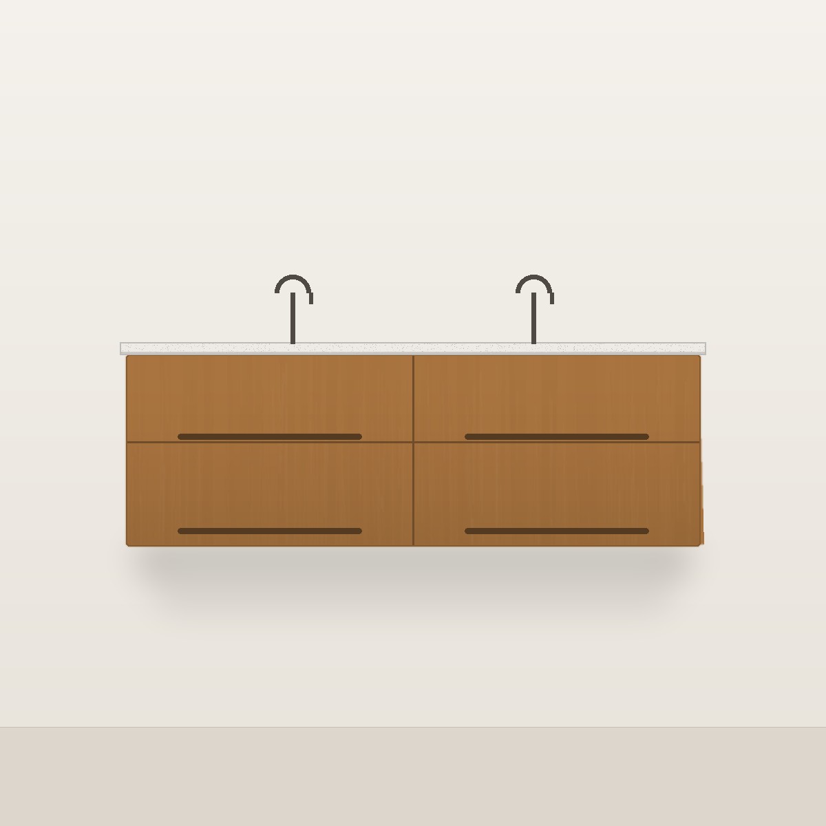 Illustration of the Marin 60" Floating Bathroom Vanity — Solid Teak, Double Sink, Quartz Top