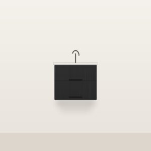 Illustration of the Onyx 24" Floating Bathroom Vanity — Solid Matte Black Oak, Quartz Top