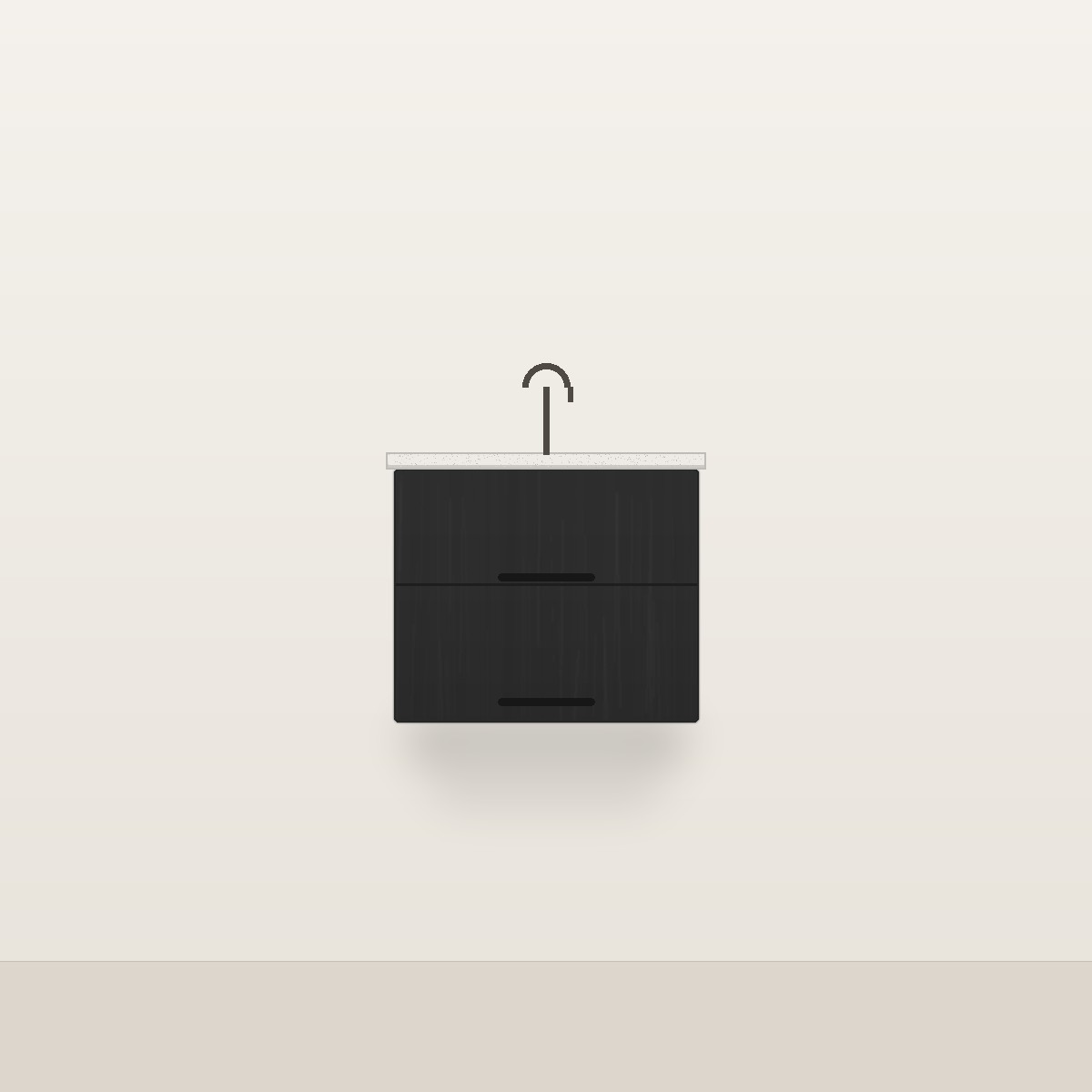 Illustration of the Onyx 24" Floating Bathroom Vanity — Solid Matte Black Oak, Quartz Top