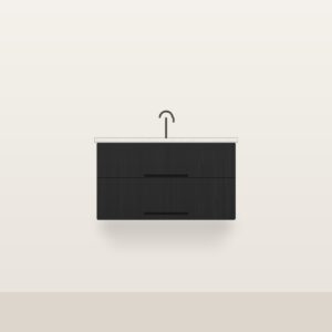 Illustration of the Onyx 36" Floating Bathroom Vanity — Solid Matte Black Oak, Quartz Top