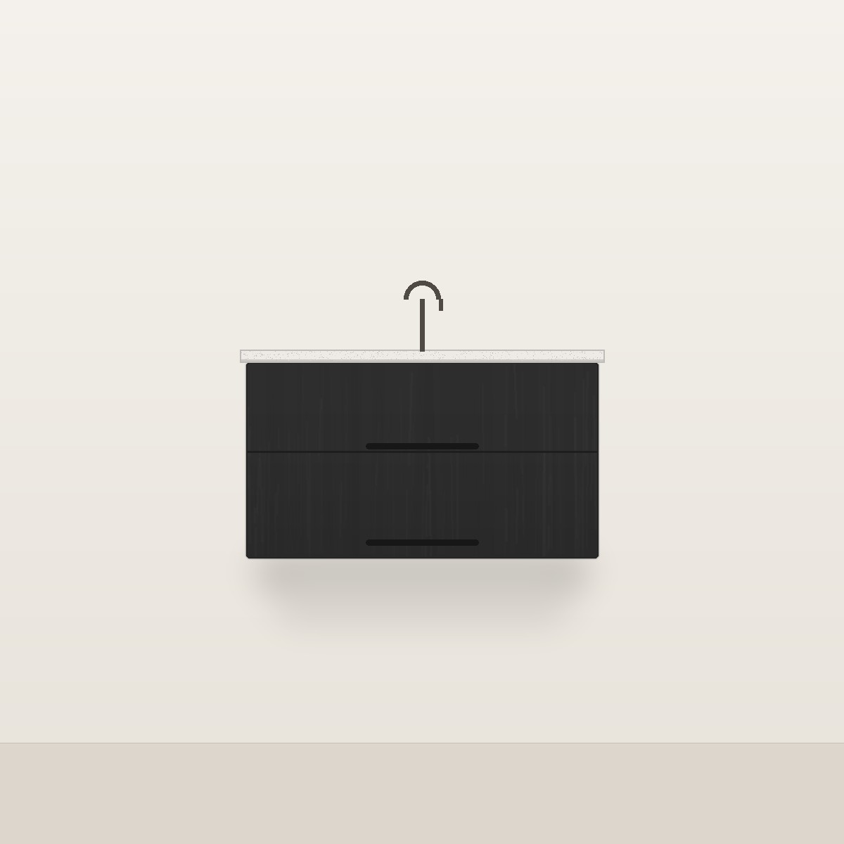 Illustration of the Onyx 36" Floating Bathroom Vanity — Solid Matte Black Oak, Quartz Top