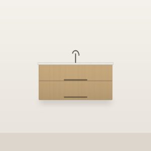 Illustration of the Linden 42" Freestanding Bathroom Vanity — Solid White Oak, Quartz Top