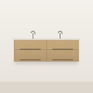 Illustration of the Linden 60" Freestanding Bathroom Vanity — Solid White Oak, Double Sink, Quartz Top