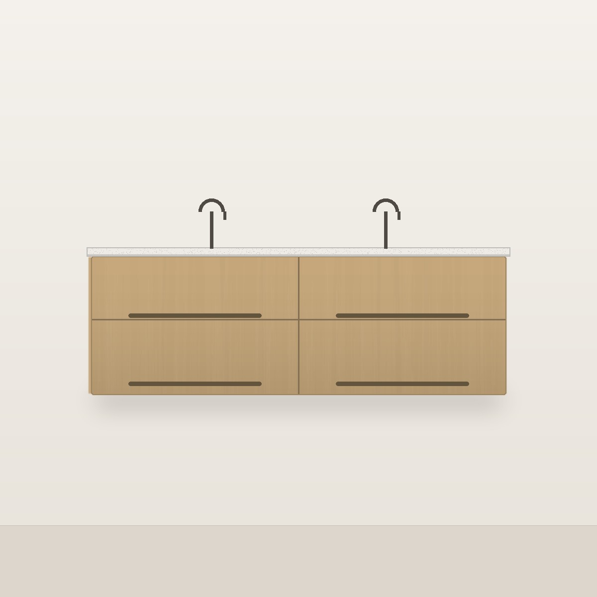 Illustration of the Linden 60" Freestanding Bathroom Vanity — Solid White Oak, Double Sink, Quartz Top